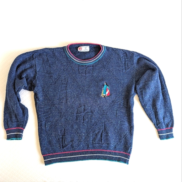 Isle Of Cotton Sailboat Vintage 90s V-Neck Embroidered Blue Sweater, size M - Picture 1 of 10